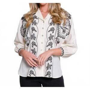 NEW TRU LUXE dolman sleeve embroidered button up shirt in ivory